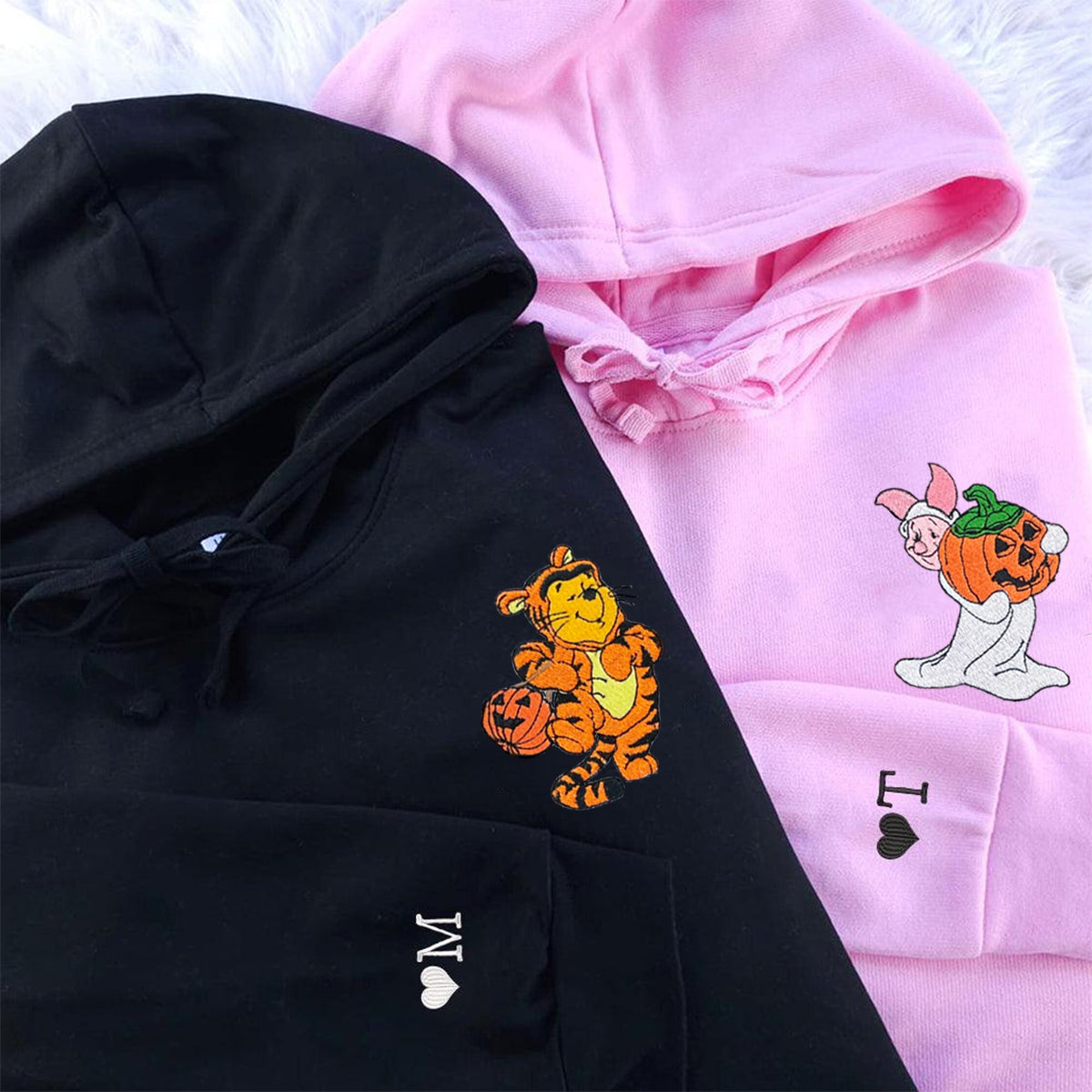 Custom Embroidered Hoodies For Couples, Cute Tigger and Pig Halloween Couples Embroidered Hoodie