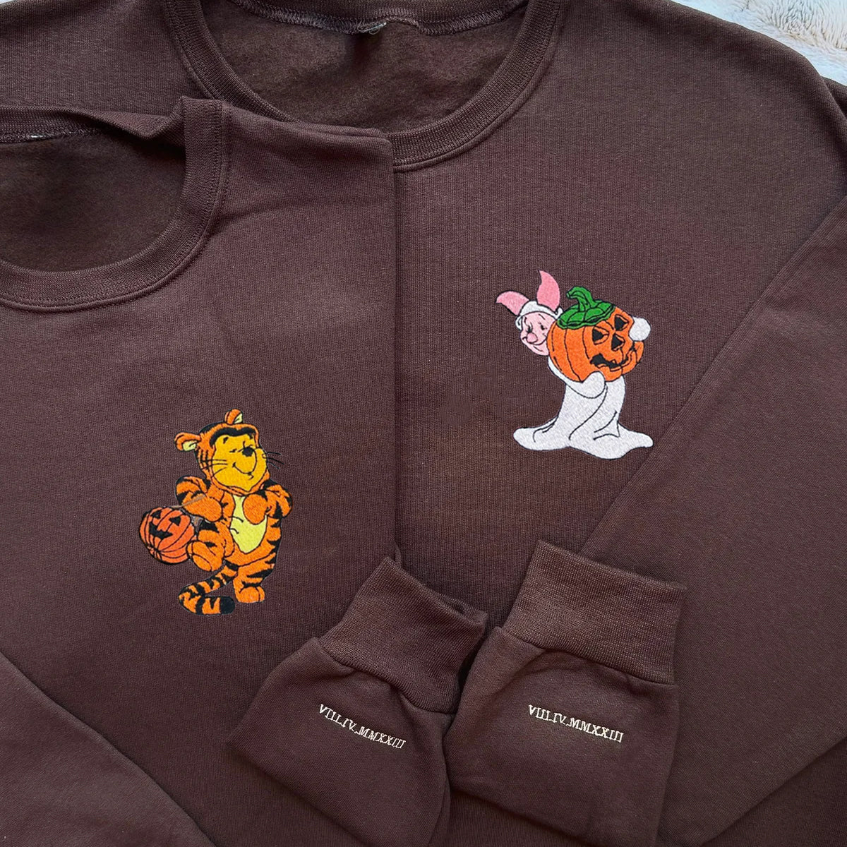 Custom Embroidered Hoodies For Couples, Cute Tigger and Pig Halloween Couples Embroidered Hoodie