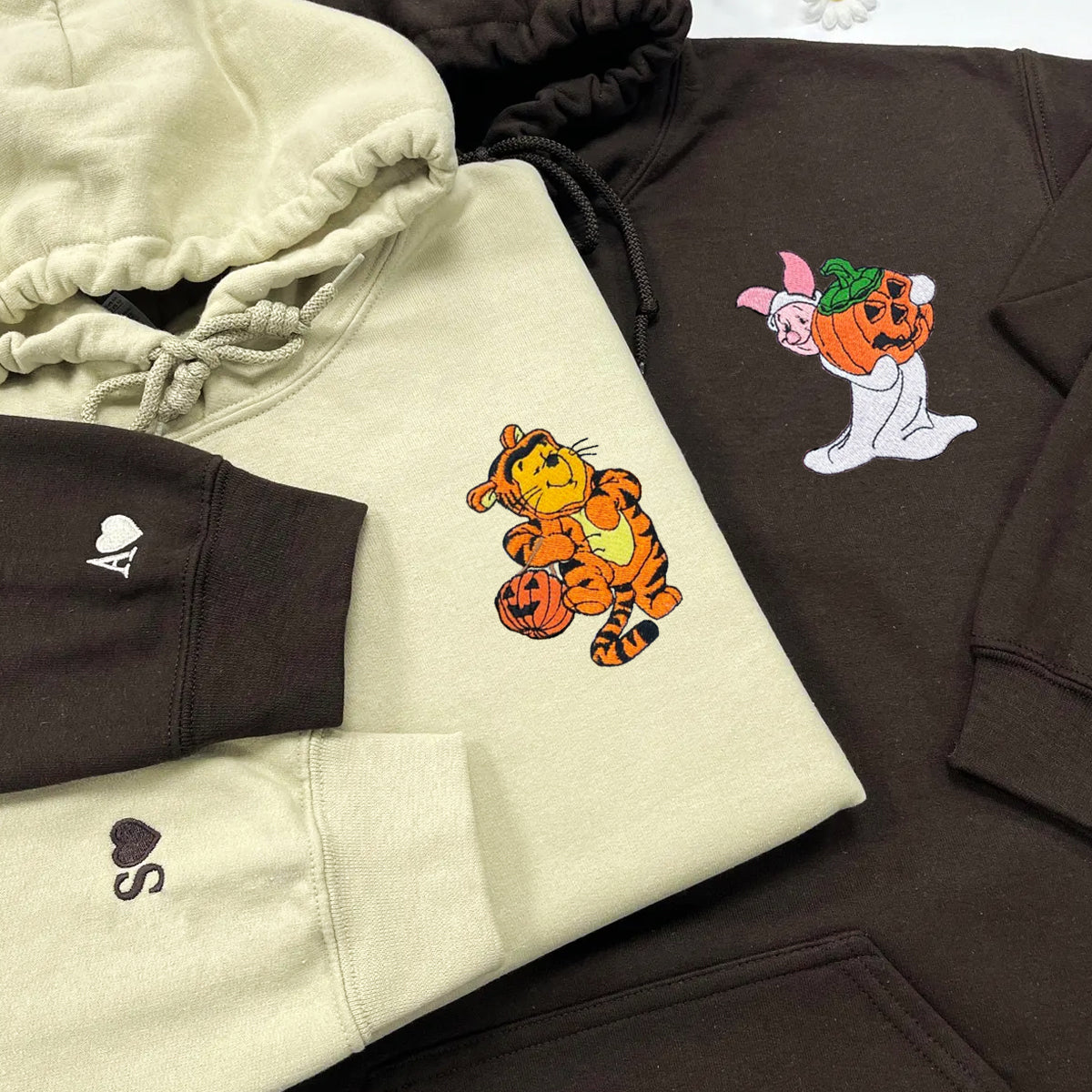 Custom Embroidered Hoodies For Couples, Cute Tigger and Piglet Halloween Couples Embroidered Hoodie