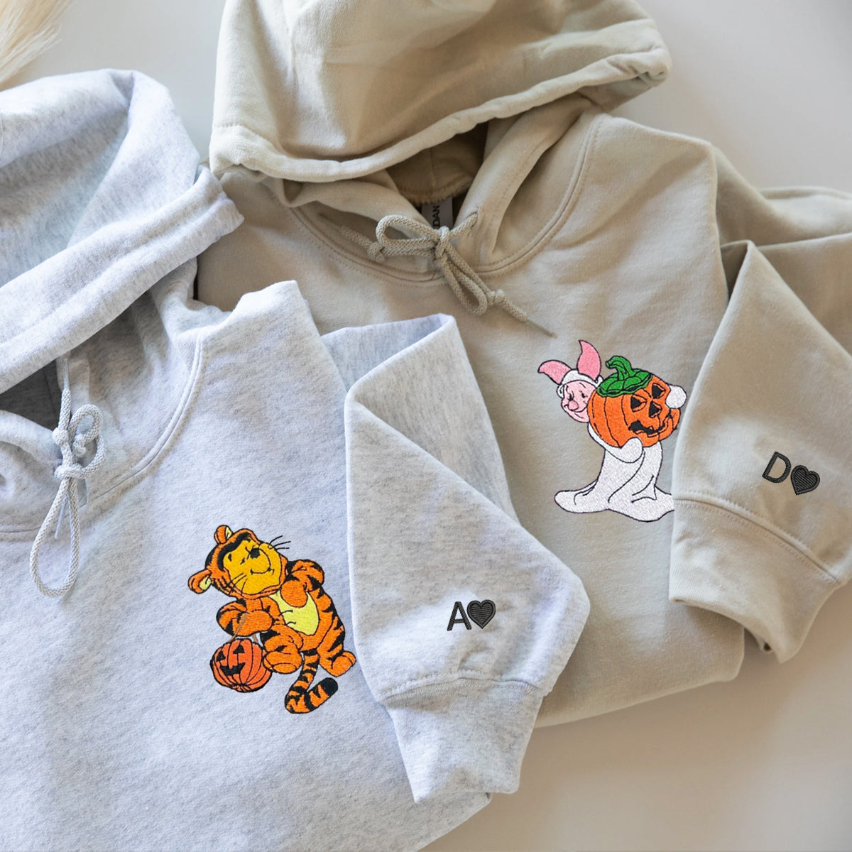 Custom Embroidered Hoodies For Couples, Cute Tigger and Piglet Halloween Couples Embroidered Hoodie