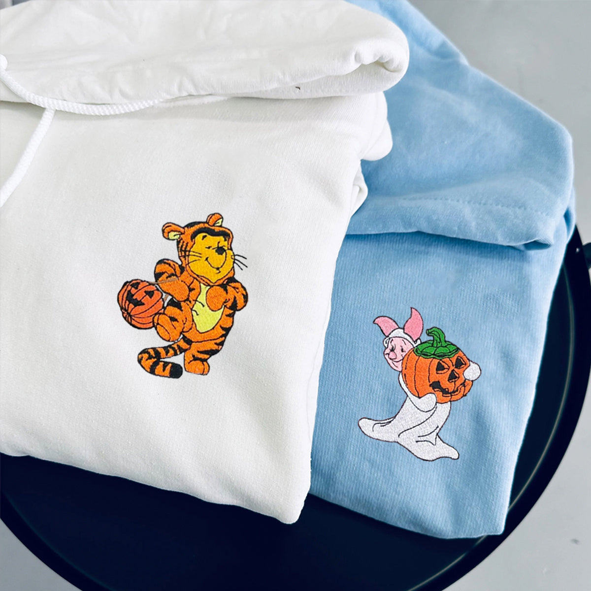 Custom Embroidered Hoodies For Couples, Cute Tigger and Piglet Halloween Couples Embroidered Hoodie