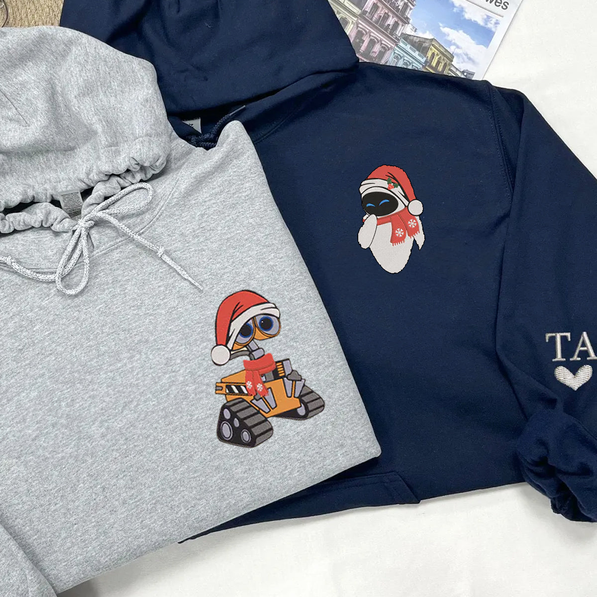 Custom Embroidered Hoodies For Couples, Cute Walle x Eve Christmas Couples Embroidered Hoodie