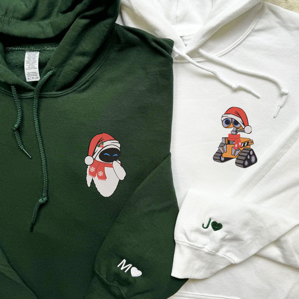Custom Embroidered Hoodies For Couples, Cute Walle x Eve Christmas Couples Embroidered Hoodie