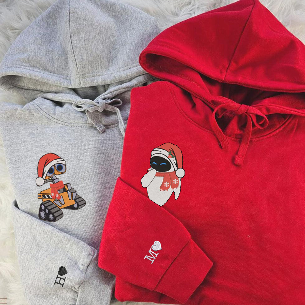 Custom Embroidered Hoodies For Couples, Cute Walle x Eve Christmas Couples Embroidered Hoodie