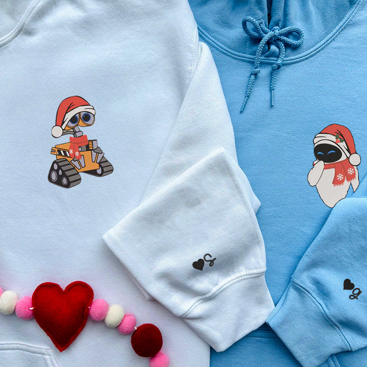 Custom Embroidered Hoodies For Couples, Cute Walle x Eve Christmas Couples Embroidered Hoodie