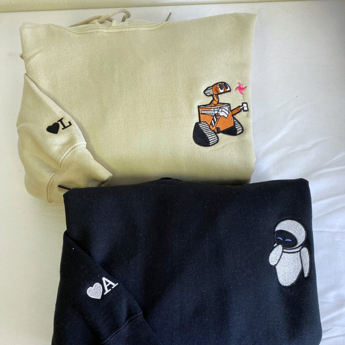 Custom Embroidered Hoodies For Couples, Cute Walle x Eve Couples Embroidered Hoodie