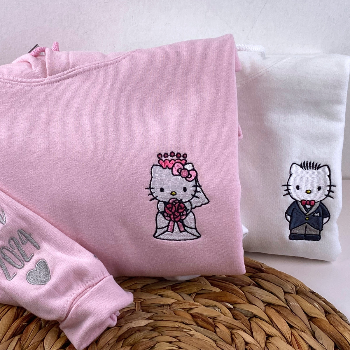 Custom Embroidered Hoodies For Couples, Cute Wedding Cartoon Kitten Couples Embroidered Hoodie