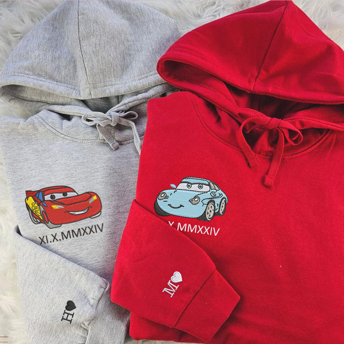 Custom Embroidered Hoodies For Couples, Matching Couple Hoodies, Cartoon Car Couple Characters Embroidery Sweatshirt