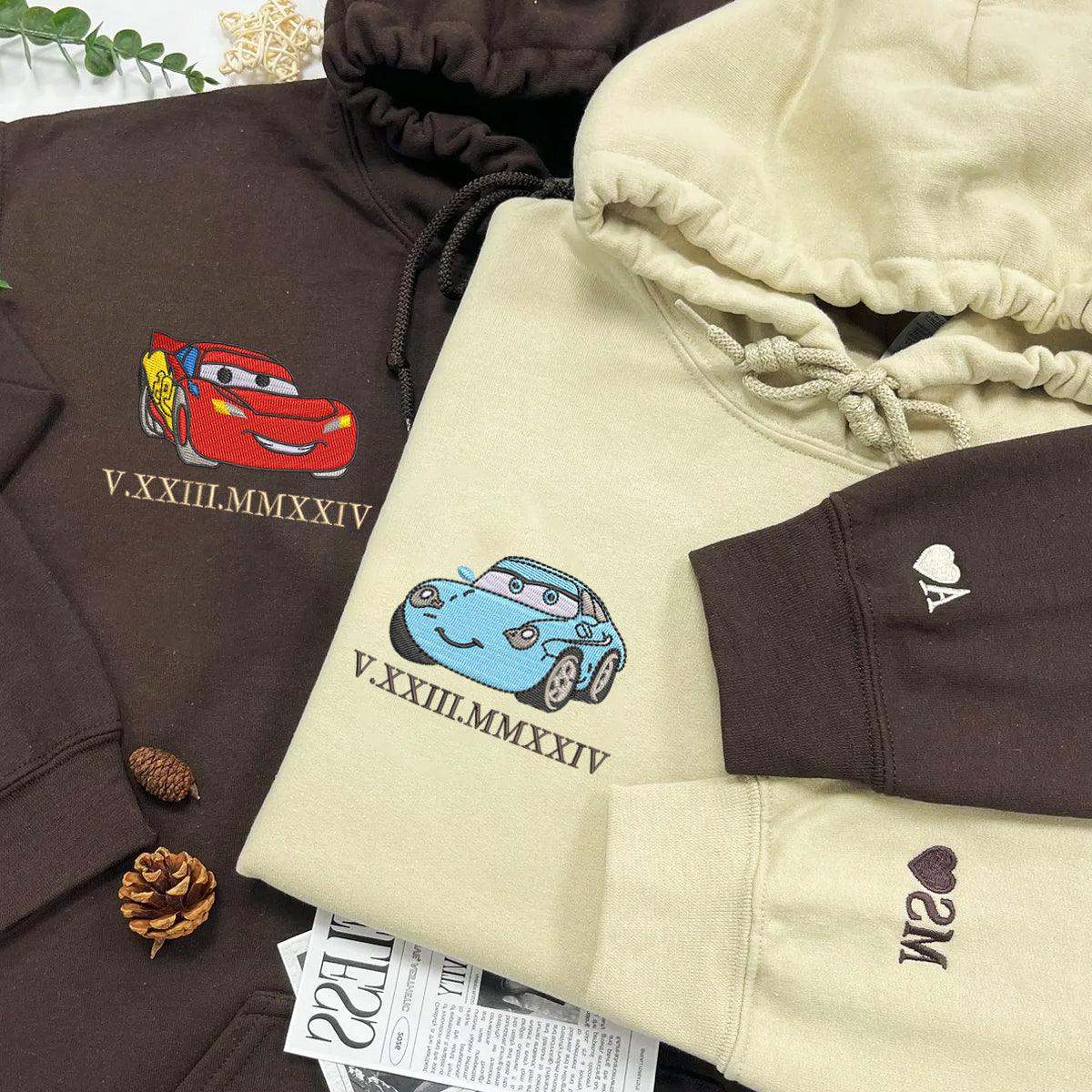 Custom Embroidered Hoodies For Couples, Matching Couple Hoodies, Cartoon Car Couple Characters Embroidery Sweatshirt