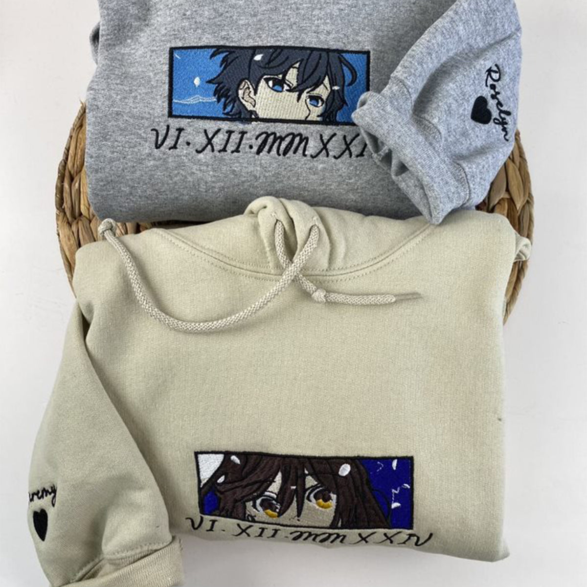 Custom Embroidered Hoodies For Couples, Matching Couple Hoodies, Cute Cartoon Character Couples Embroidery Sweatshirt