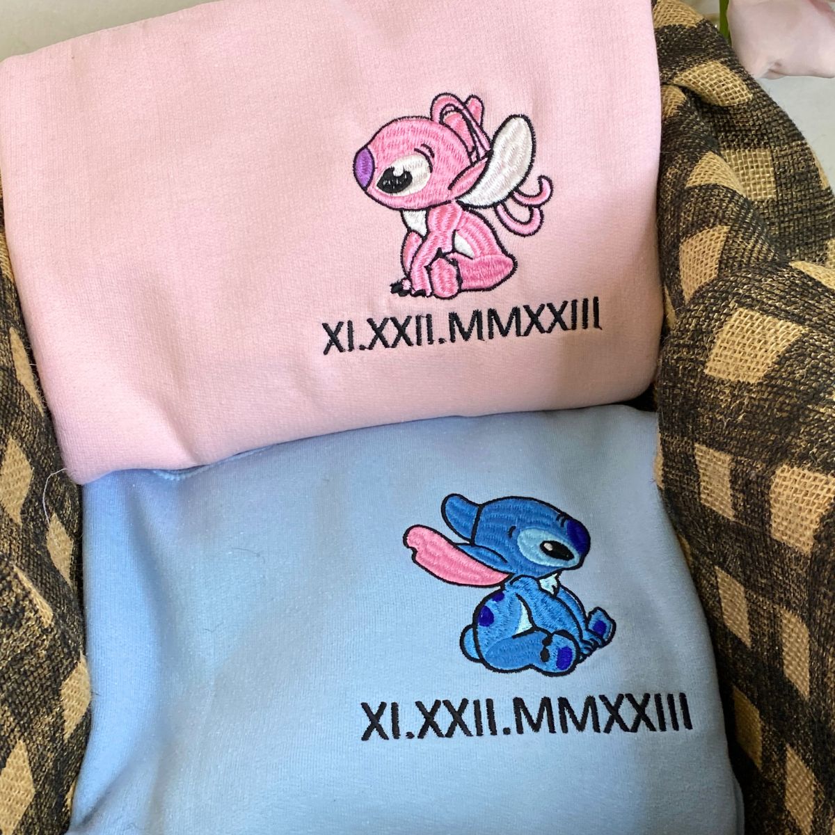 Custom Embroidered Hoodies For Couples, Matching Couples Hoodies, Roman Numeral Date Angel Couples Embroidery Sweatshirt