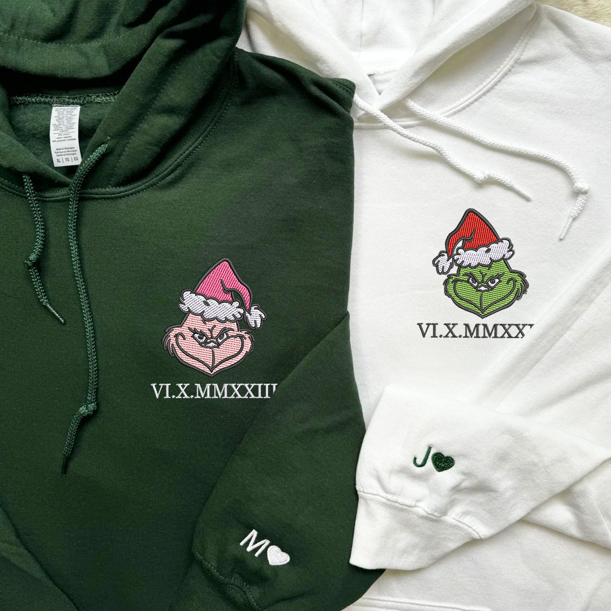 Custom Embroidered Hoodies For Couples, Personalized Couple Hoodies, His Her Hoodies, Christmas Green Couples Embroidered Hoodie