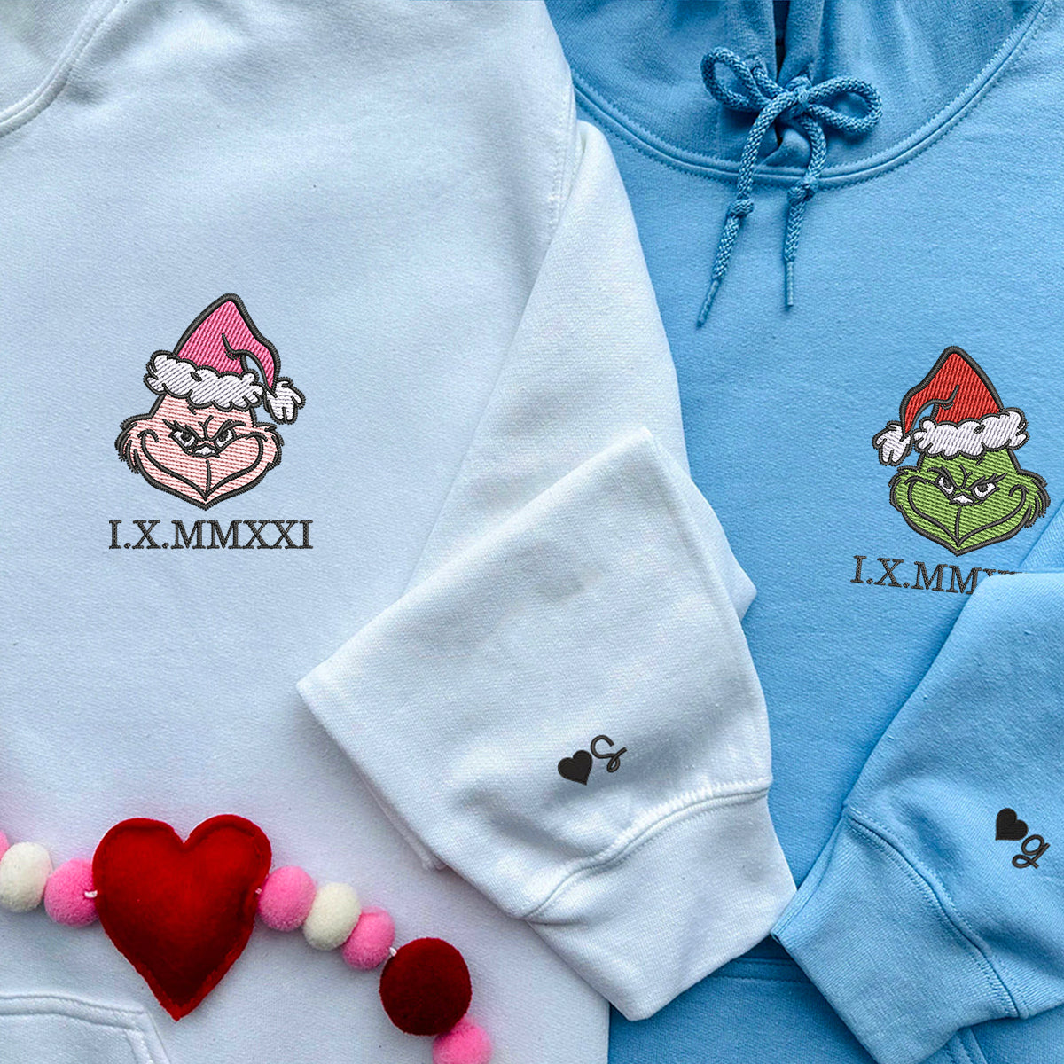 Custom Embroidered Hoodies For Couples, Personalized Couple Hoodies, His Her Hoodies, Christmas Green Couples Embroidered Hoodie