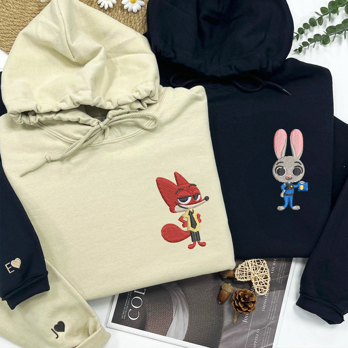 Custom Embroidered Hoodies For Couples, Personalized Couple Hoodies, His Her Hoodies, Cute Cartoon Fox Couples Embroidered Hoodie