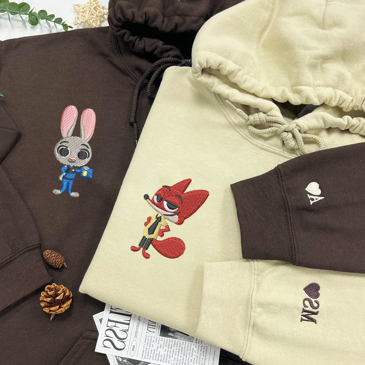 Custom Embroidered Hoodies For Couples, Personalized Couple Hoodies, His Her Hoodies, Cute Cartoon Fox Couples Embroidered Hoodie