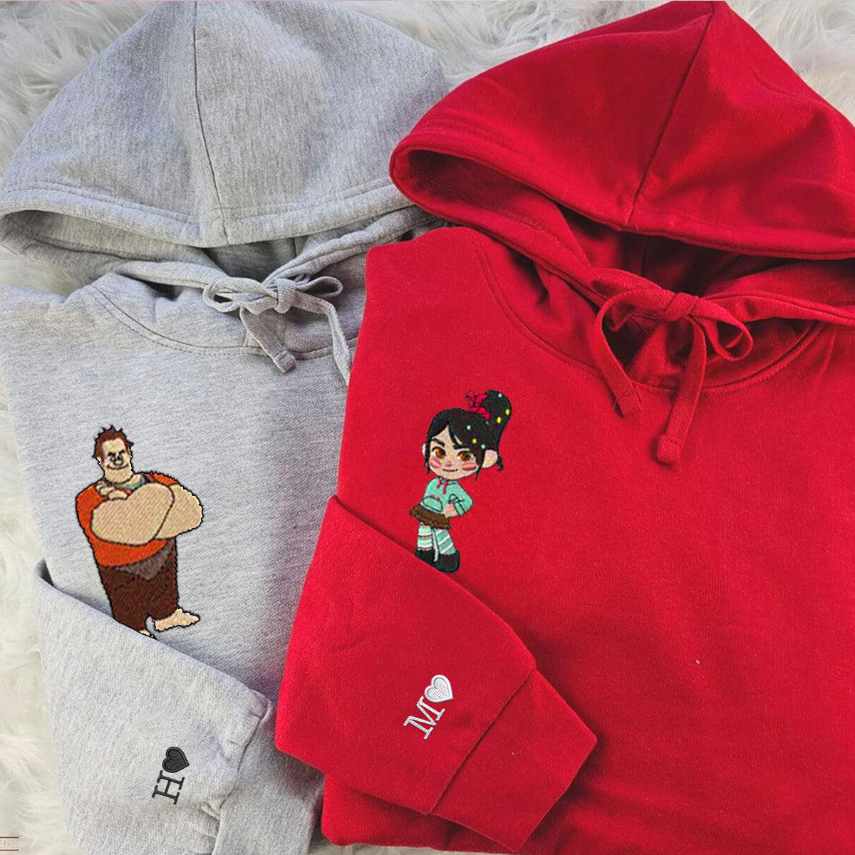 Custom Embroidered Hoodies For Couples, Personalized Couple Hoodies, His Her Hoodies, Cute Cartoons Couples Embroidered Hoodie V3