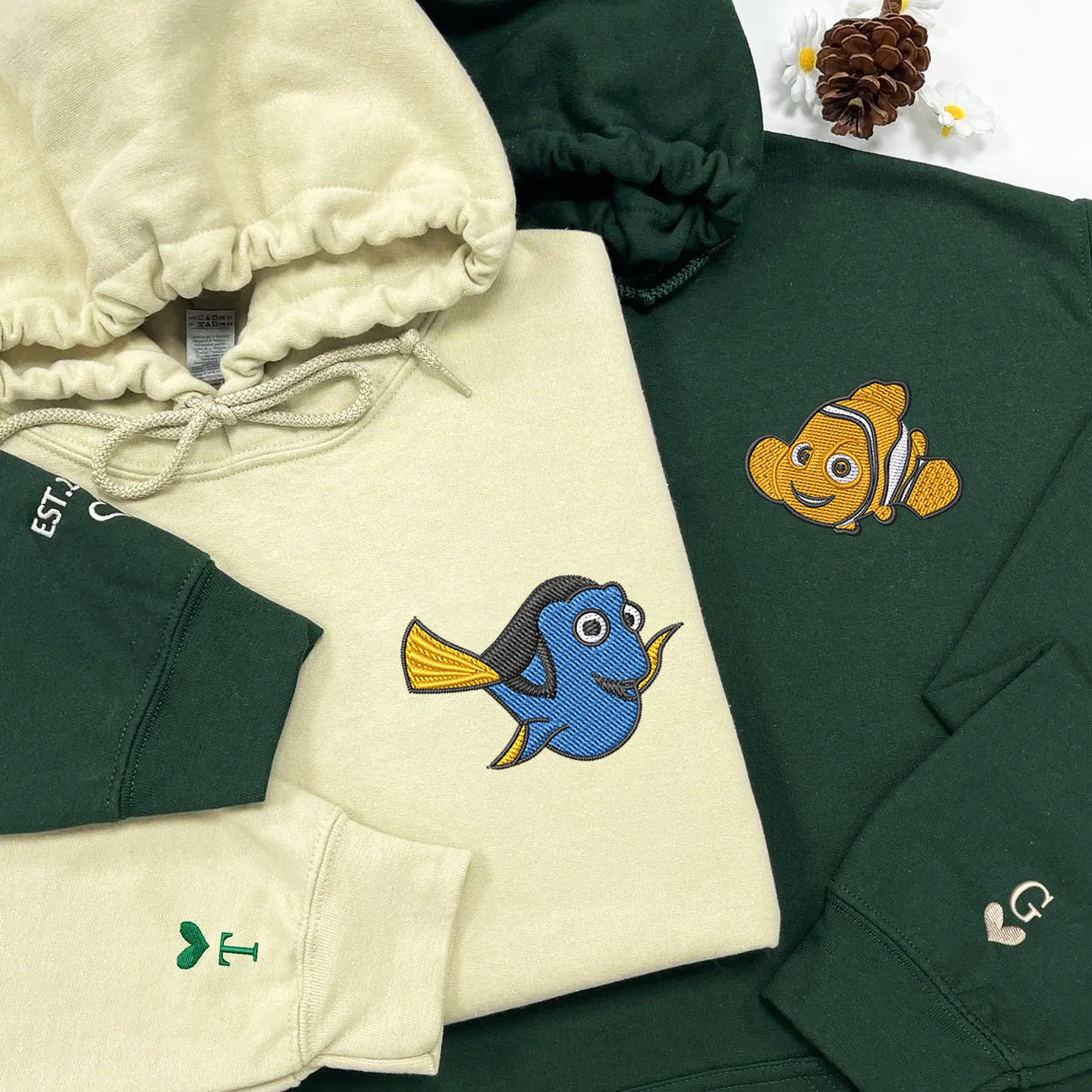 Custom Embroidered Hoodies For Couples, Personalized Couple Hoodies, His Her Hoodies, Cute Cartoons Fish Couples Embroidered Hoodie