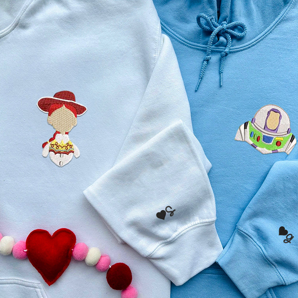 Custom Embroidered Hoodies For Couples, Personalized Couple Hoodies, His Her Hoodies, Cute Cartoons Toys Couples Embroidered Hoodie