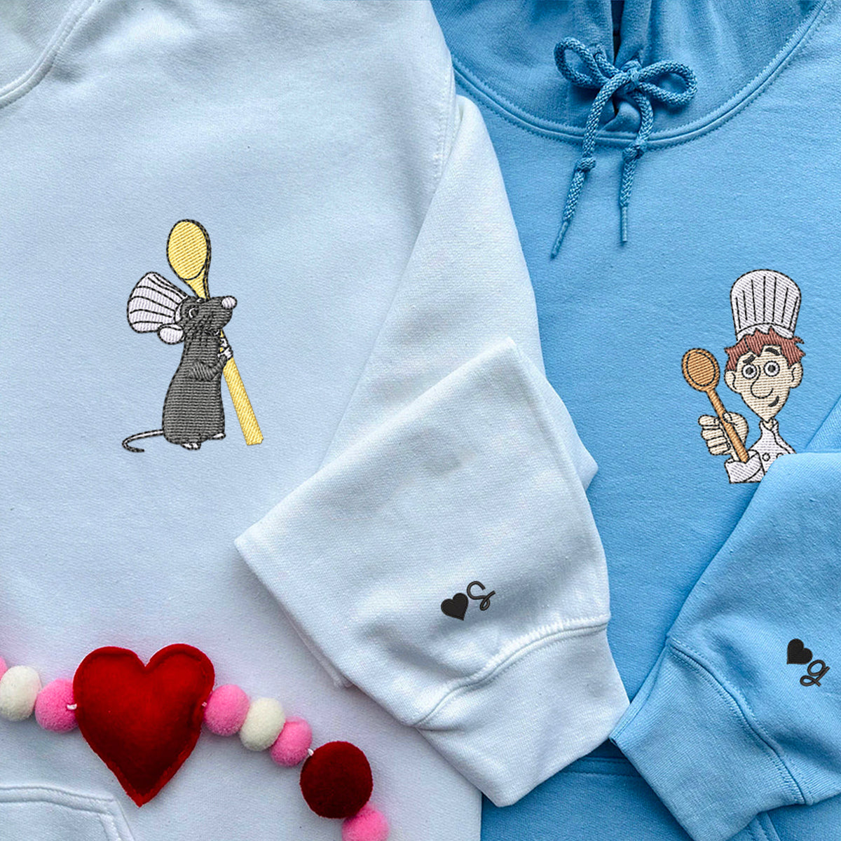 Custom Embroidered Hoodies for Couples, Personalized Couple Hoodies, His Her Hoodies, Cute Chef x Mouse Cartoons Couples Embroidered Hoodie