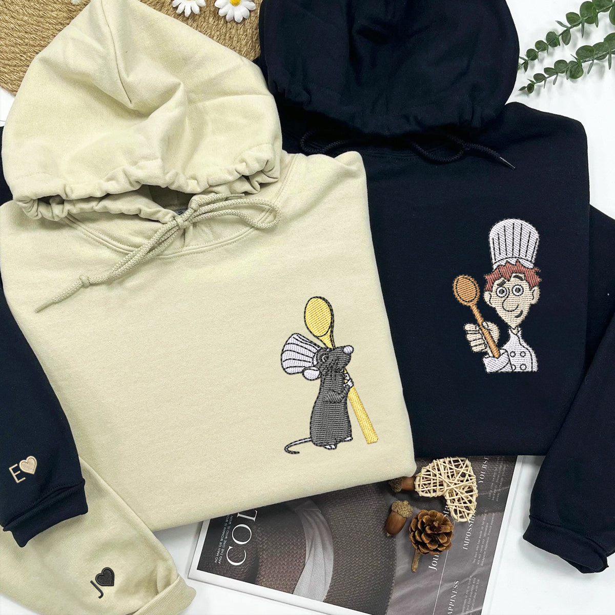 Custom Embroidered Hoodies for Couples, Personalized Couple Hoodies, His Her Hoodies, Cute Chef x Mouse Cartoons Couples Embroidered Hoodie