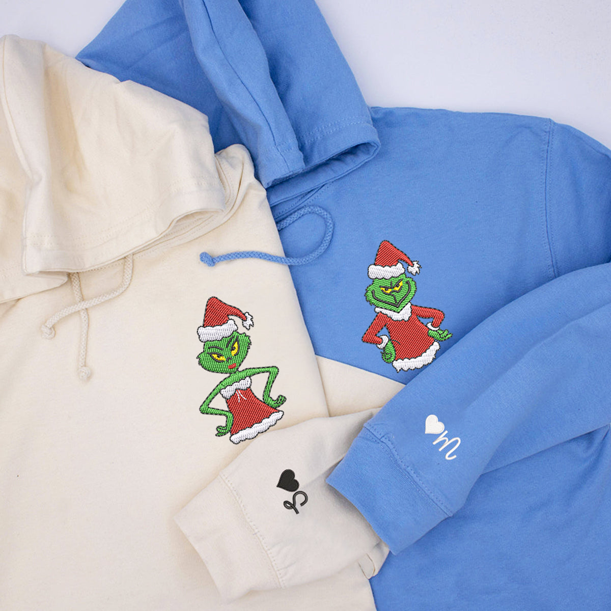 Custom Embroidered Hoodies For Couples, Personalized Couple Hoodies, His Her Hoodies, Cute Green Christmas Cartoon Couples Embroidered Hoodie