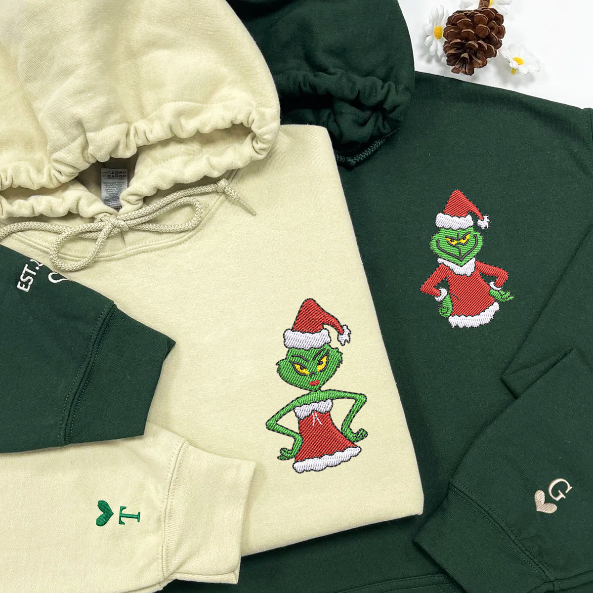 Custom Embroidered Hoodies For Couples, Personalized Couple Hoodies, His Her Hoodies, Cute Green Christmas Cartoon Couples Embroidered Hoodie