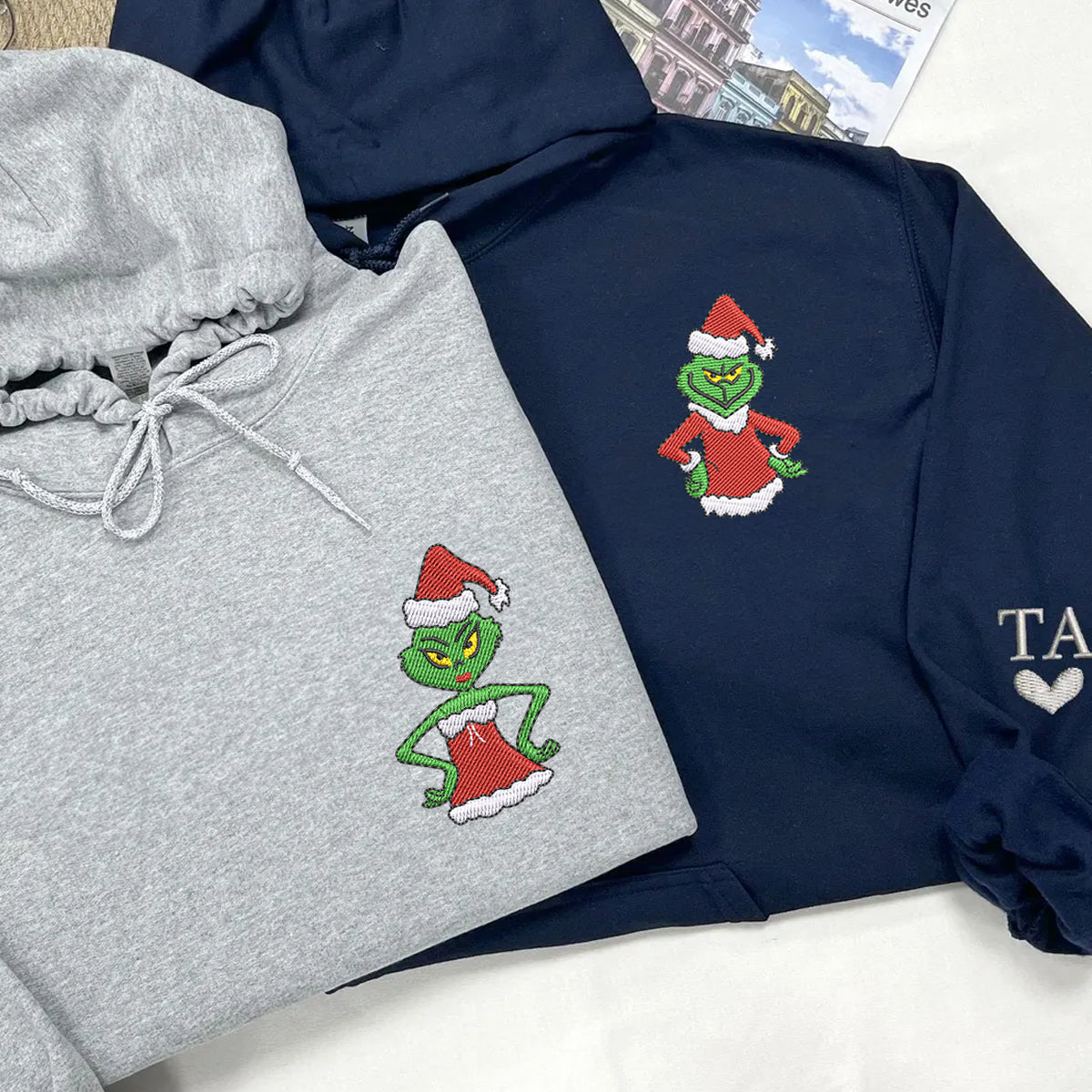 Custom Embroidered Hoodies For Couples, Personalized Couple Hoodies, His Her Hoodies, Cute Green Christmas Cartoon Couples Embroidered Hoodie