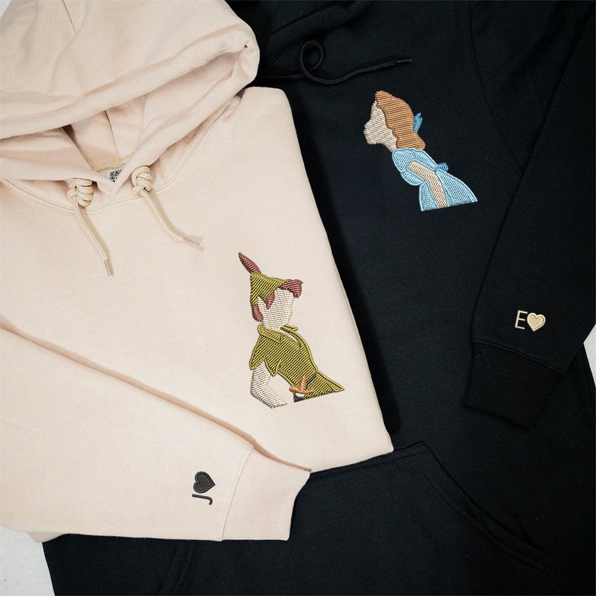 Custom Embroidered Hoodies For Couples, Personalized Couple Hoodies, His Her Hoodies, Cute Peter x Wendy Cartoons Couples Embroidered Hoodie