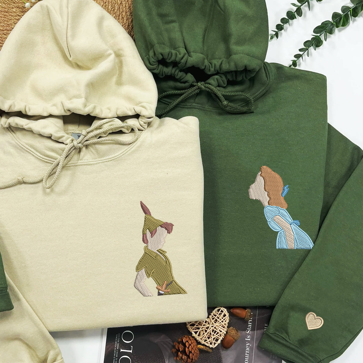 Custom Embroidered Hoodies For Couples, Personalized Couple Hoodies, His Her Hoodies, Cute Peter x Wendy Cartoons Couples Embroidered Hoodie
