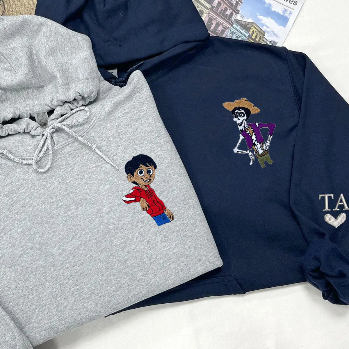 Custom Embroidered Hoodies & Sweatshirts for Couples, Cute Day of the Dead-Inspired Character Matching Set