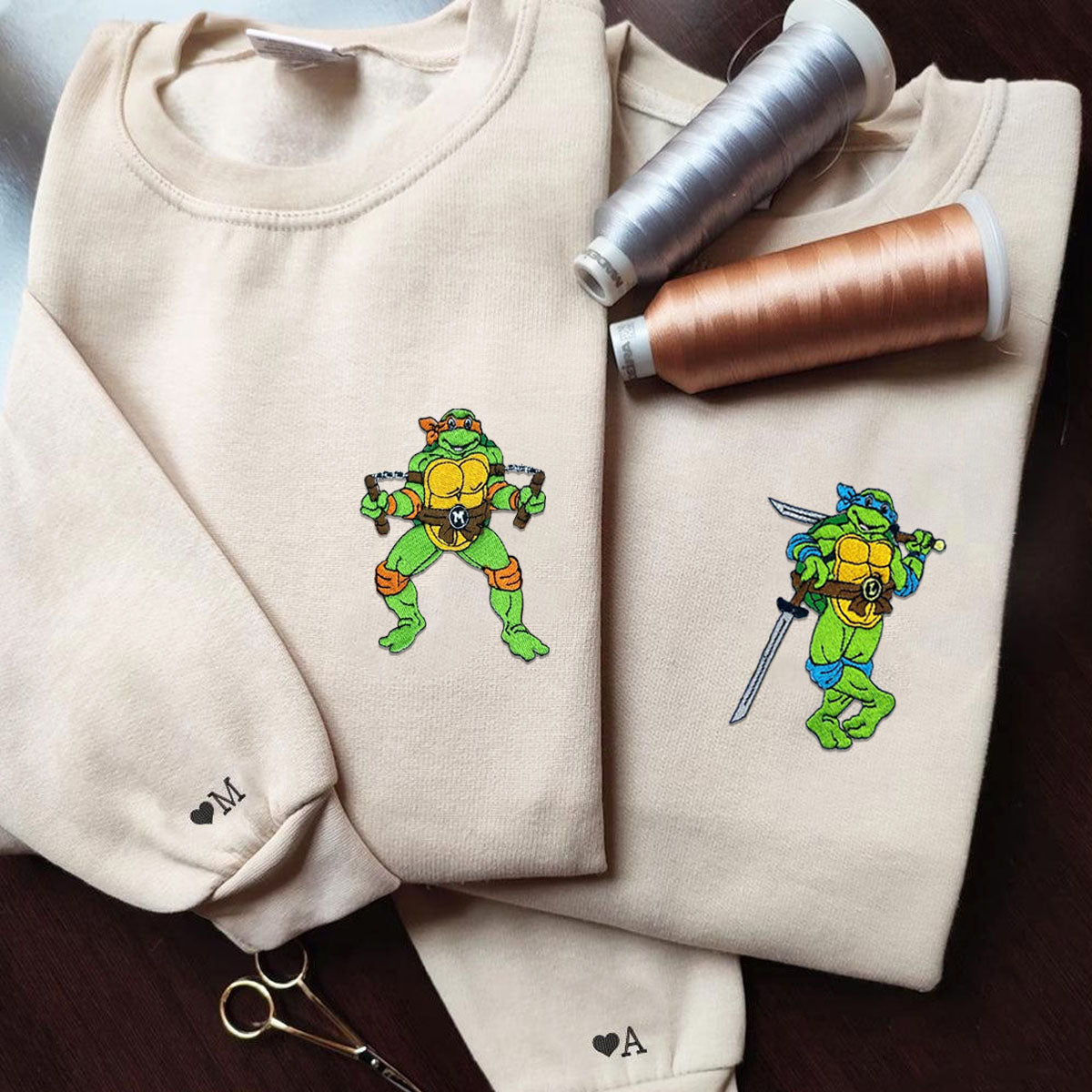 Custom Embroidered Hoodies & Sweatshirts for Couples, Cute Ninja-Inspired Turtle Matching Set