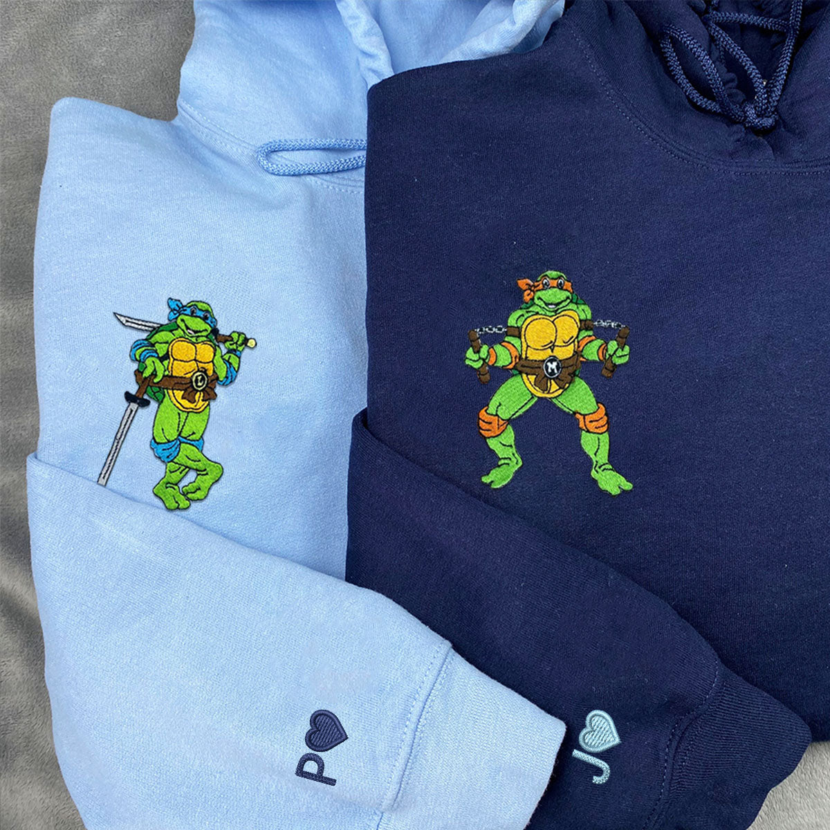 Custom Embroidered Hoodies & Sweatshirts for Couples, Cute Ninja-Inspired Turtle Matching Set