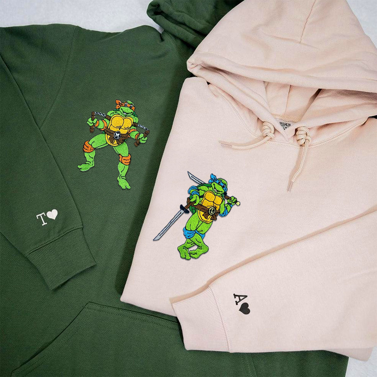 Custom Embroidered Hoodies & Sweatshirts for Couples, Cute Ninja-Inspired Turtle Matching Set