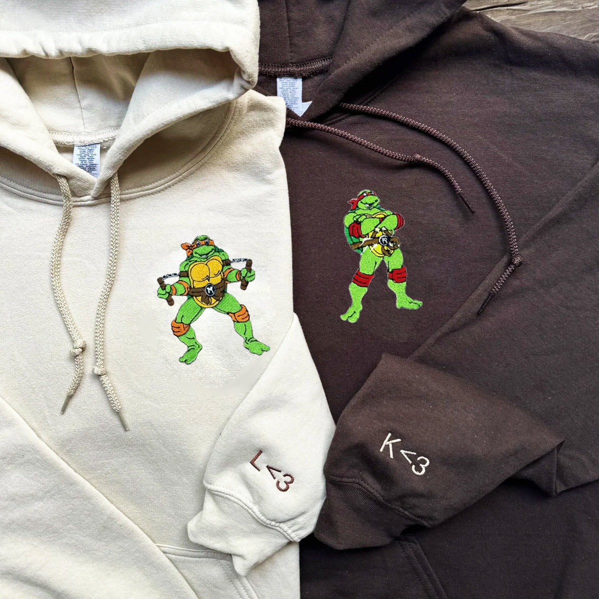 Custom Embroidered Hoodies & Sweatshirts for Couples, Cute Ninja-Inspired Turtle Matching Set V2
