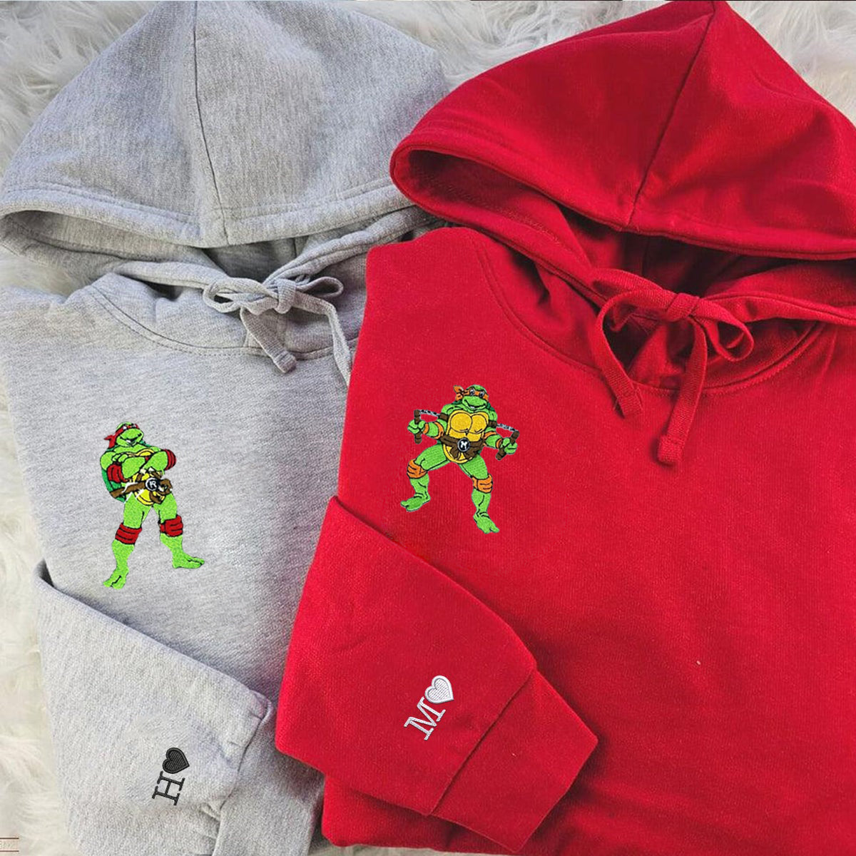 Custom Embroidered Hoodies & Sweatshirts for Couples, Cute Ninja-Inspired Turtle Matching Set V2