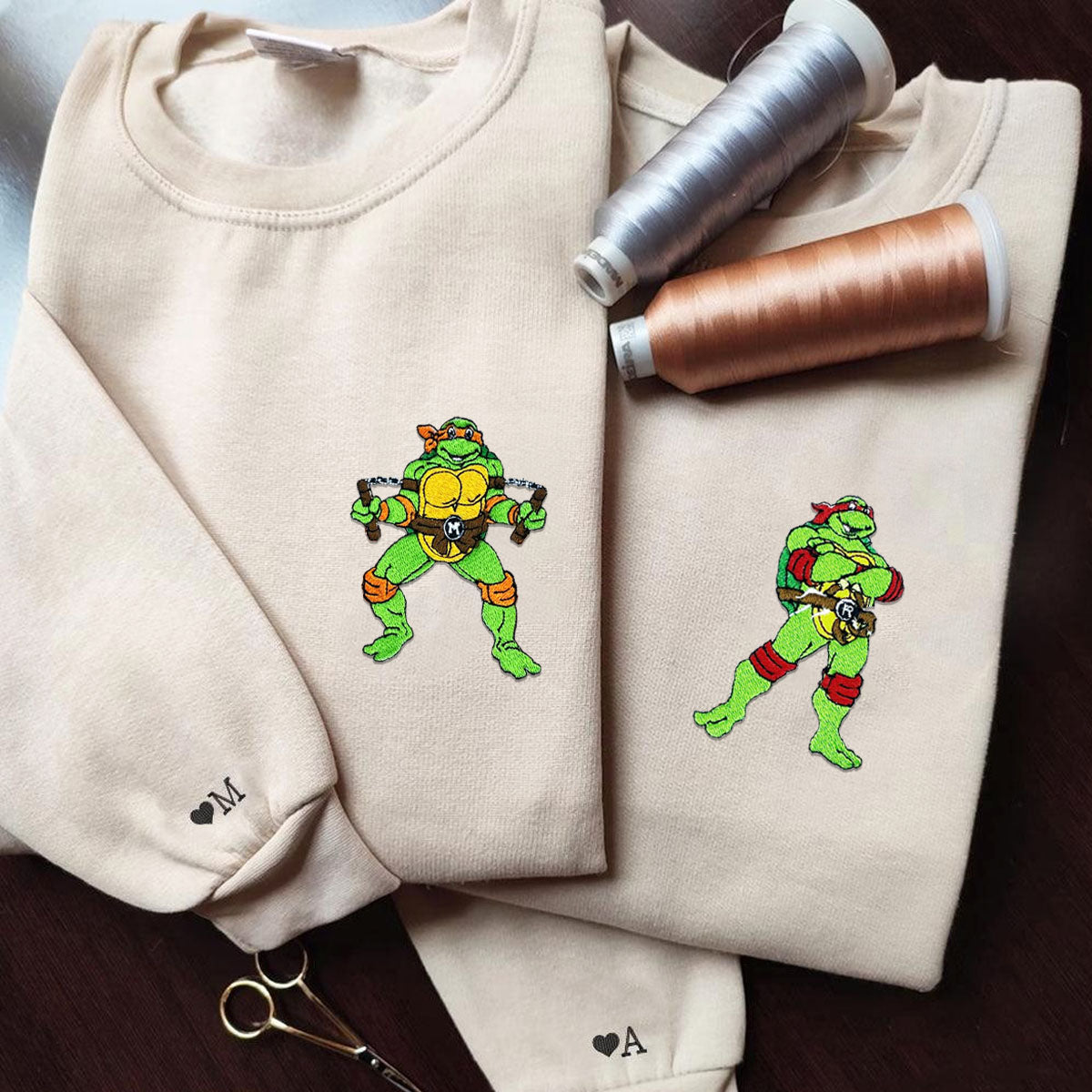 Custom Embroidered Hoodies & Sweatshirts for Couples, Cute Ninja-Inspired Turtle Matching Set V2