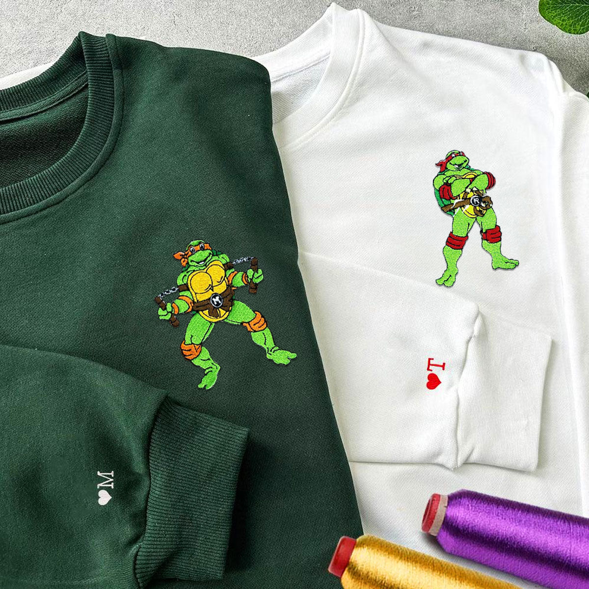 Custom Embroidered Hoodies & Sweatshirts for Couples, Cute Ninja-Inspired Turtle Matching Set V2