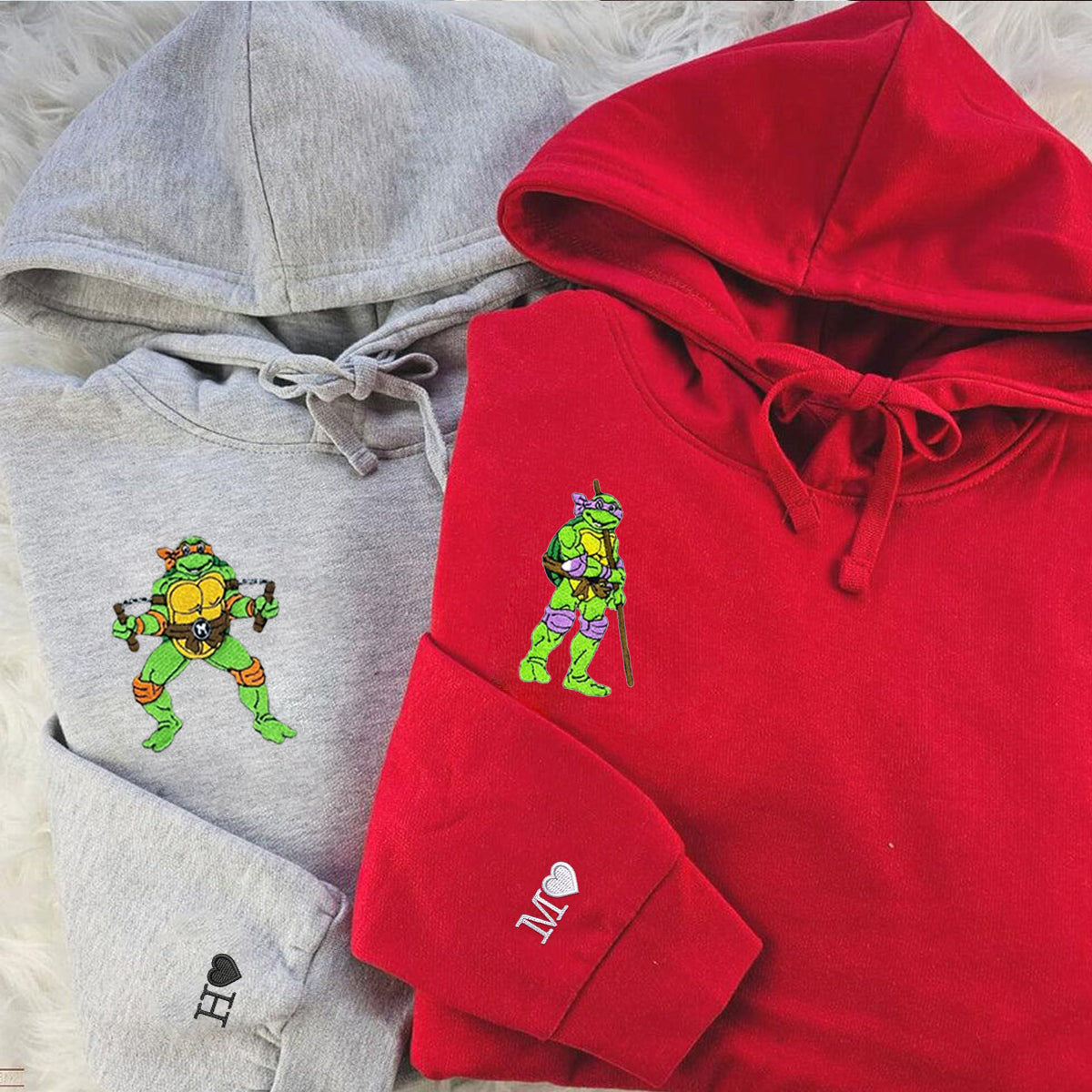 Custom Embroidered Hoodies & Sweatshirts for Couples, Cute Ninja-Inspired Turtle Matching Set V3