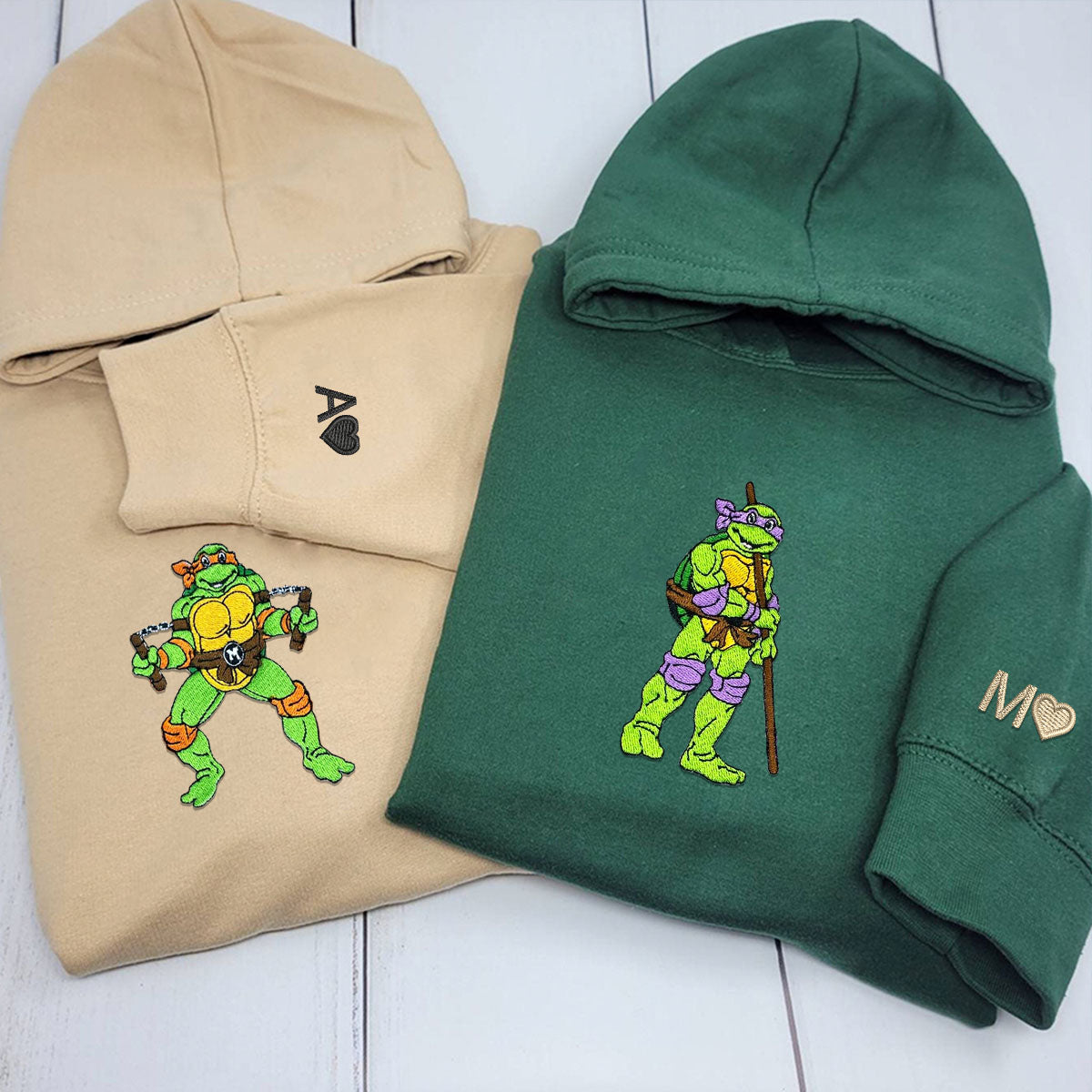 Custom Embroidered Hoodies & Sweatshirts for Couples, Cute Ninja-Inspired Turtle Matching Set V3