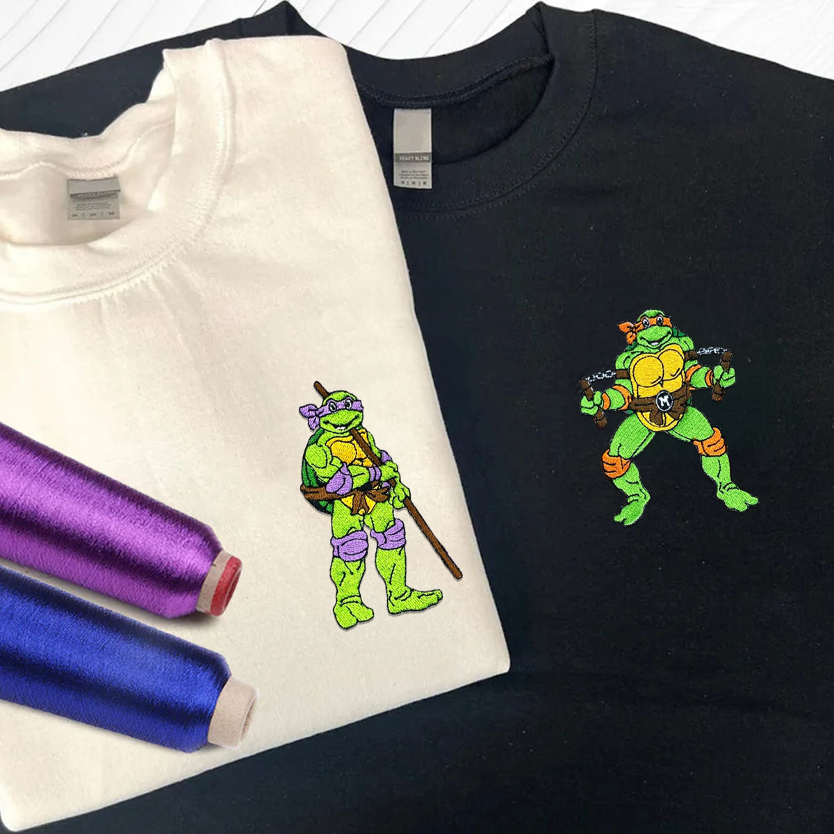 Custom Embroidered Hoodies & Sweatshirts for Couples, Cute Ninja-Inspired Turtle Matching Set V3