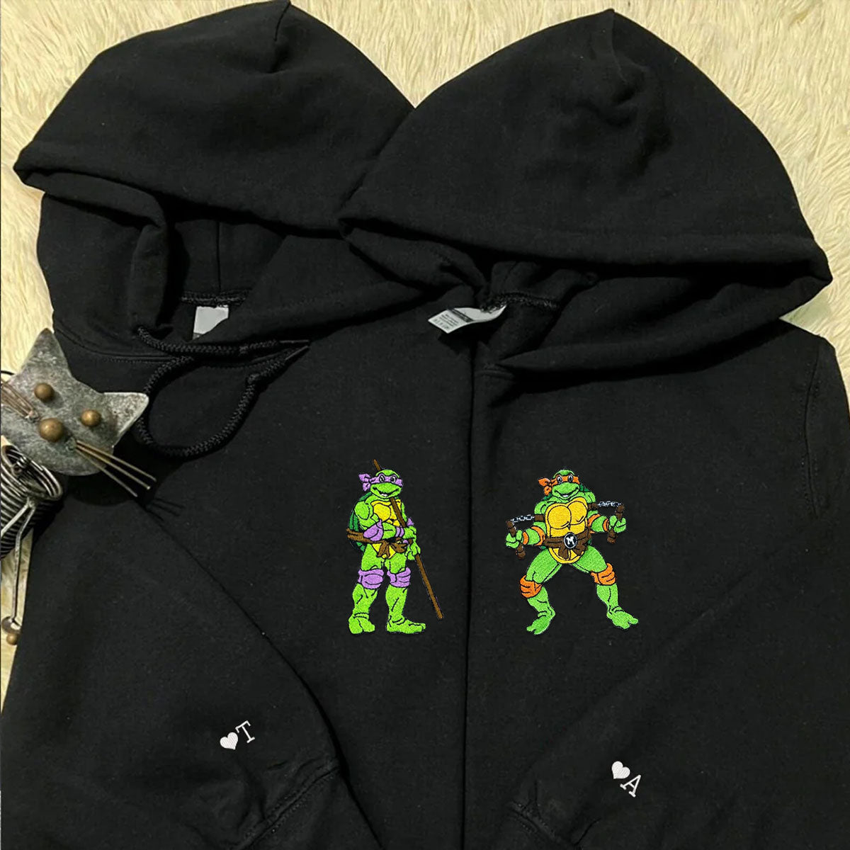 Custom Embroidered Hoodies & Sweatshirts for Couples, Cute Ninja-Inspired Turtle Matching Set V3