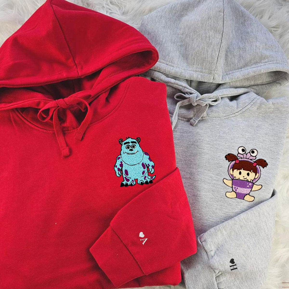 Custom Embroidered Hoodies & Sweatshirts for Couples with Initials, Adorable Big Monster & Little Companion Duo Set
