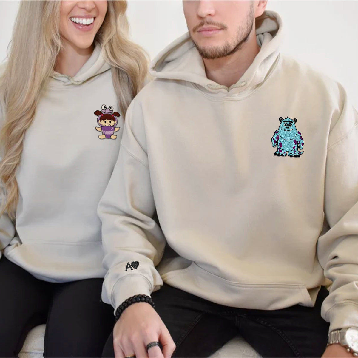 Custom Embroidered Hoodies & Sweatshirts for Couples with Initials, Adorable Big Monster & Little Companion Duo Set