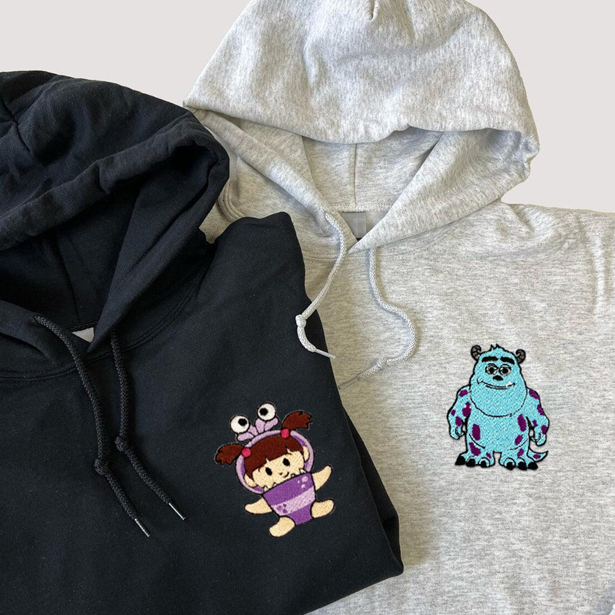 Custom Embroidered Hoodies & Sweatshirts for Couples with Initials, Adorable Big Monster & Little Companion Duo Set
