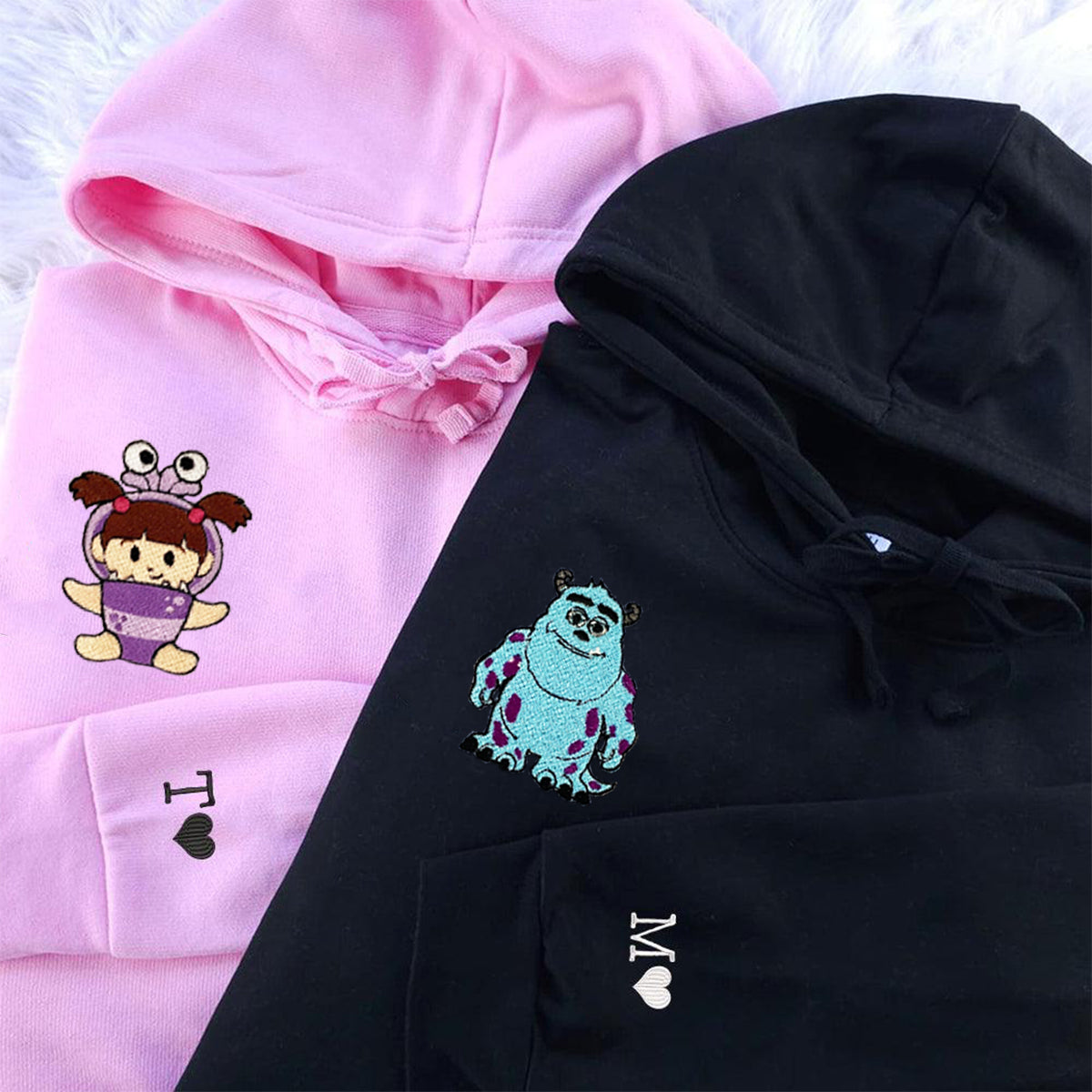 Custom Embroidered Hoodies & Sweatshirts for Couples with Initials, Adorable Big Monster & Little Companion Duo Set