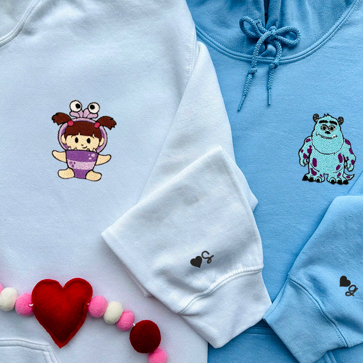 Custom Embroidered Hoodies & Sweatshirts for Couples with Initials, Adorable Big Monster & Little Companion Duo Set