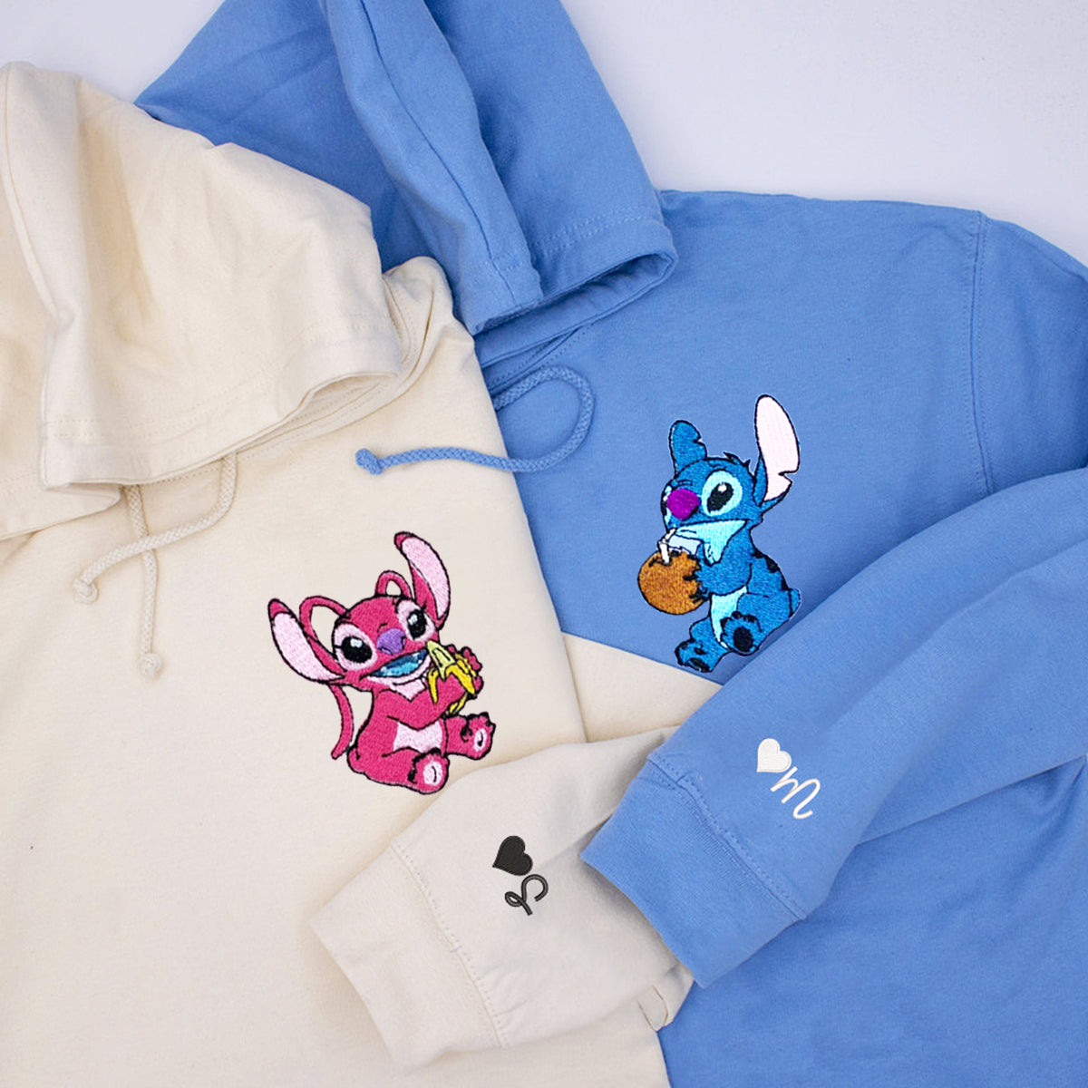 Custom Embroidered Hoodies & Sweatshirts for Couples with Initials, Adorable Space Creature Couple Embroidery Set