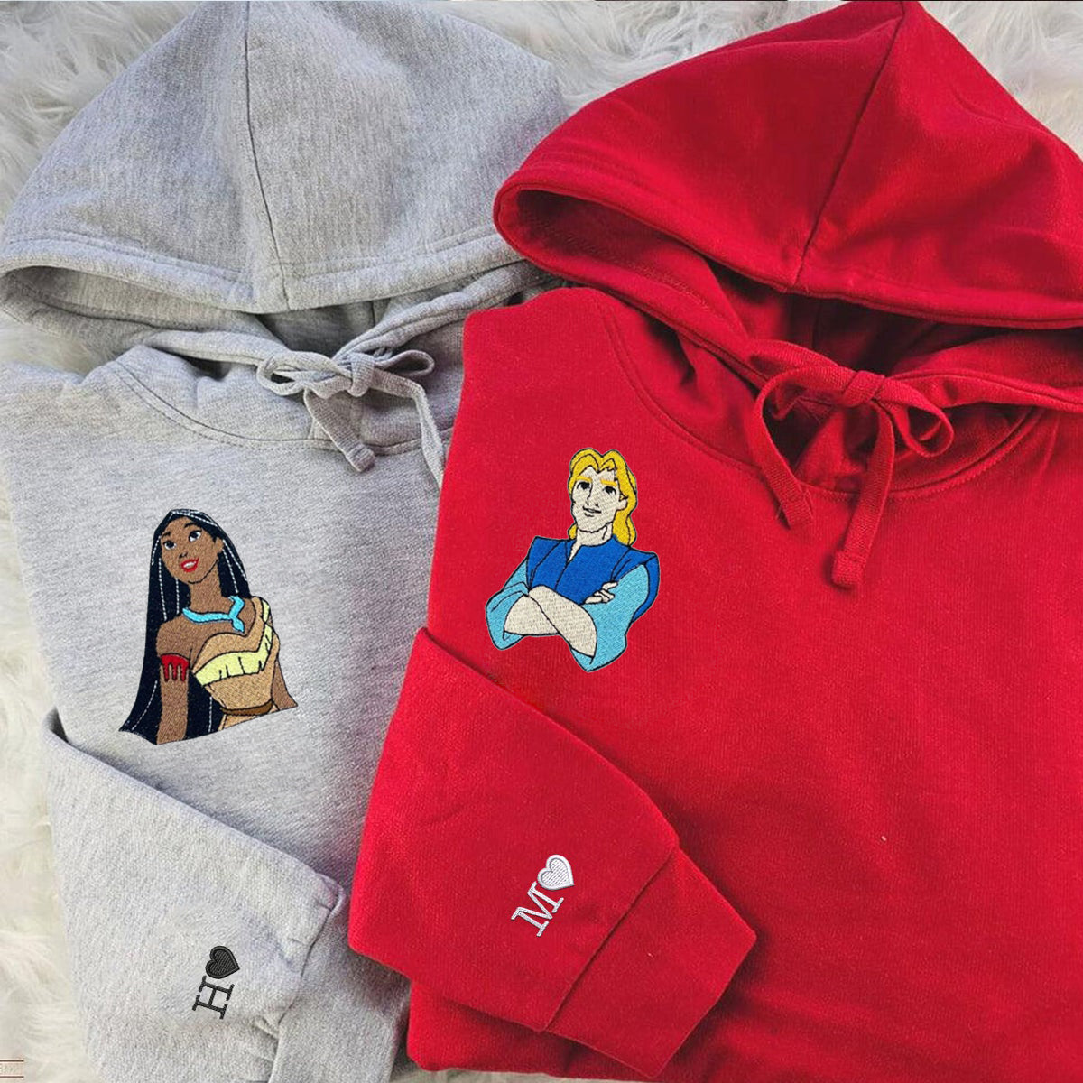 Custom Embroidered Hoodies & Sweatshirts for Couples with Initials, Adventure Couple Cartoon Matching Design