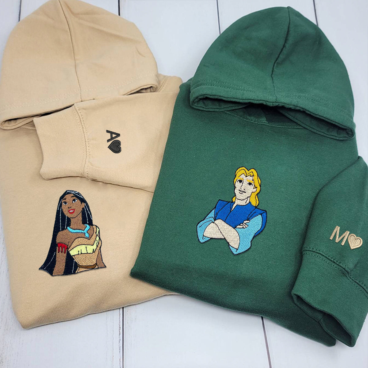 Custom Embroidered Hoodies & Sweatshirts for Couples with Initials, Adventure Couple Cartoon Matching Design