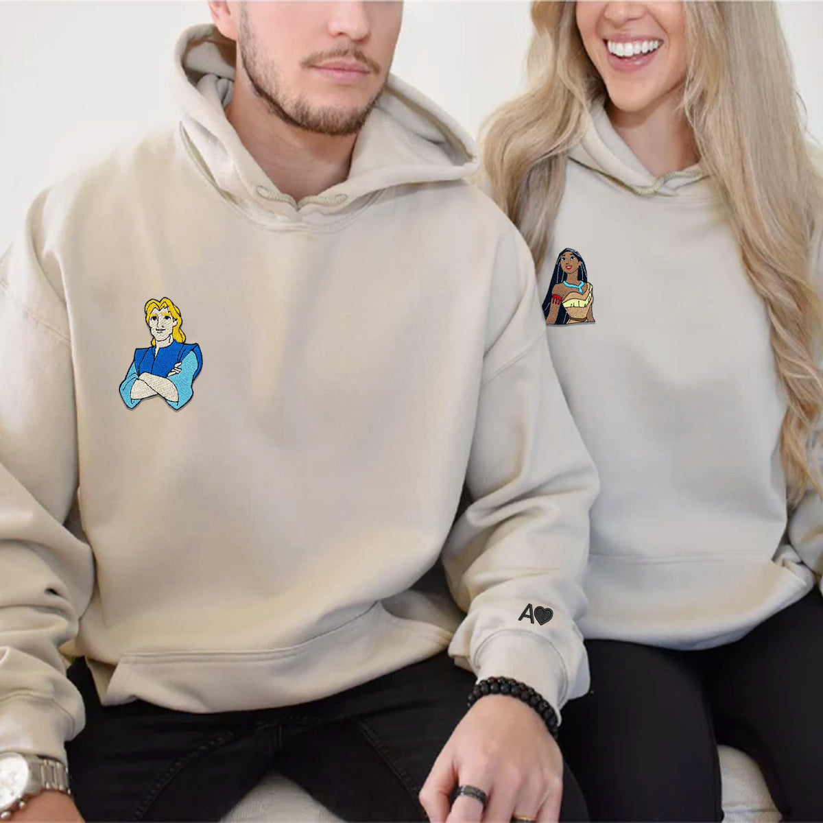 Custom Embroidered Hoodies & Sweatshirts for Couples with Initials, Adventure Couple Cartoon Matching Design
